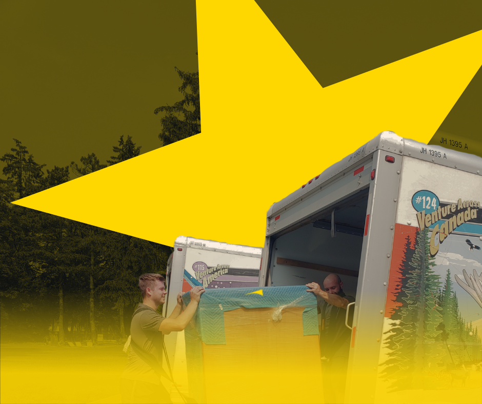 Two movers loading furniture into a moving truck, outdoors, with yellow star overlay.