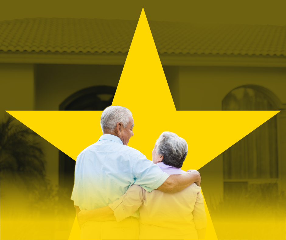 Elderly couple embracing, looking toward a house, overlaid with a yellow star.