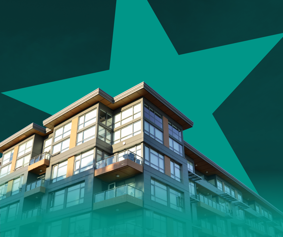 Modern apartment building with a teal star overlay.