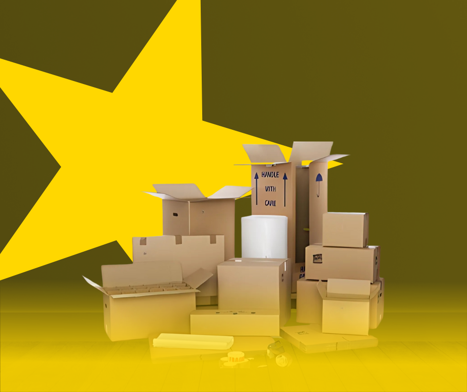 Pile of cardboard boxes in front of a large yellow star on a yellow-brown background.