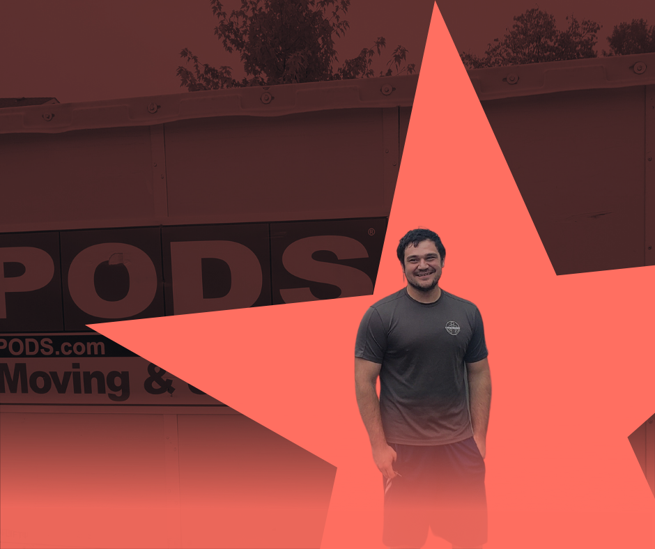 Man standing in front of PODS storefront, red star graphic overlaid.