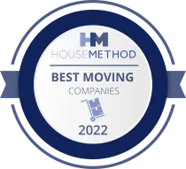 A blue and white House Method award seal for Best Moving Companies 2022, featuring a small icon of a hand truck with boxes.