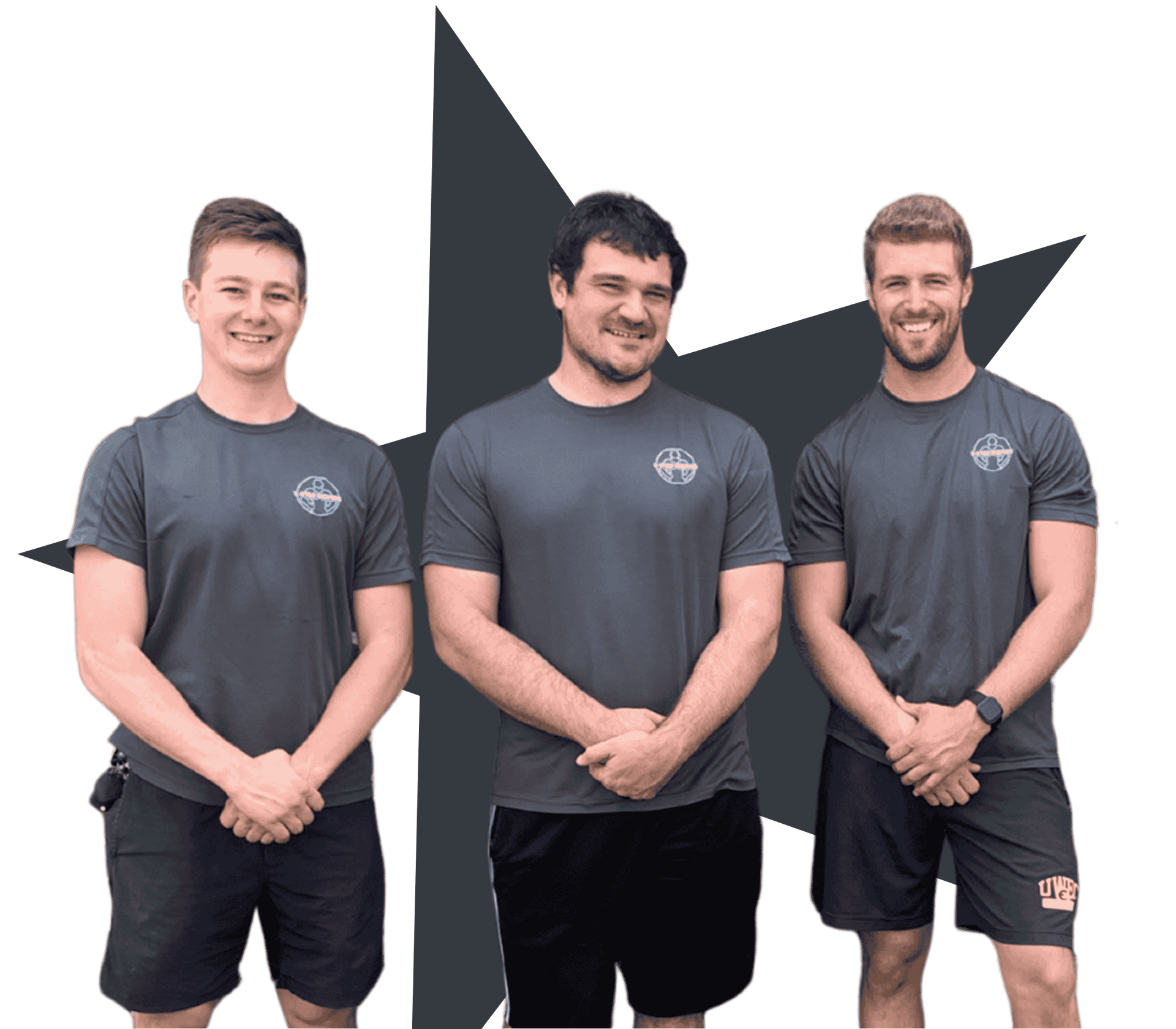 Three individuals in grey T-shirts and black shorts stand smiling in front of a large dark grey star graphic.