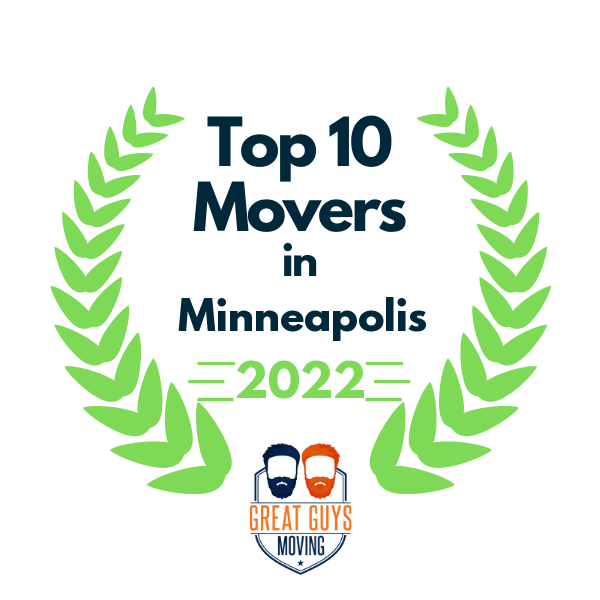 Top 10 Movers in Minneapolis 2022. Laurel wreath surrounds text and Great Guys Moving logo with two men.