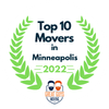 Top 10 Movers in Minneapolis 2022. Laurel wreath surrounds text and Great Guys Moving logo with two men.