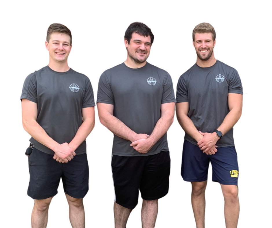 Three people wearing gray t-shirts stand side-by-side against a white background, smiling with their hands clasped.