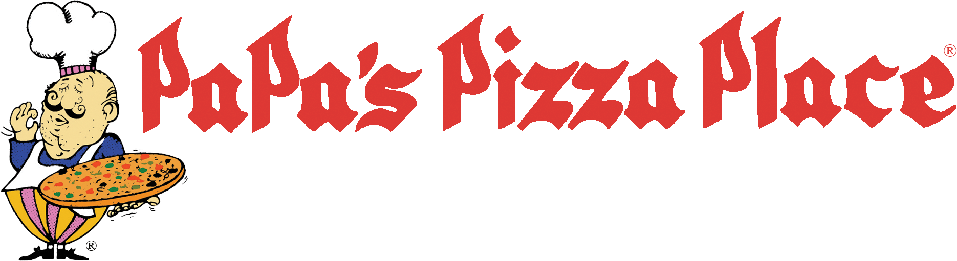 A logo for papa 's pizza place with a chef holding a pizza