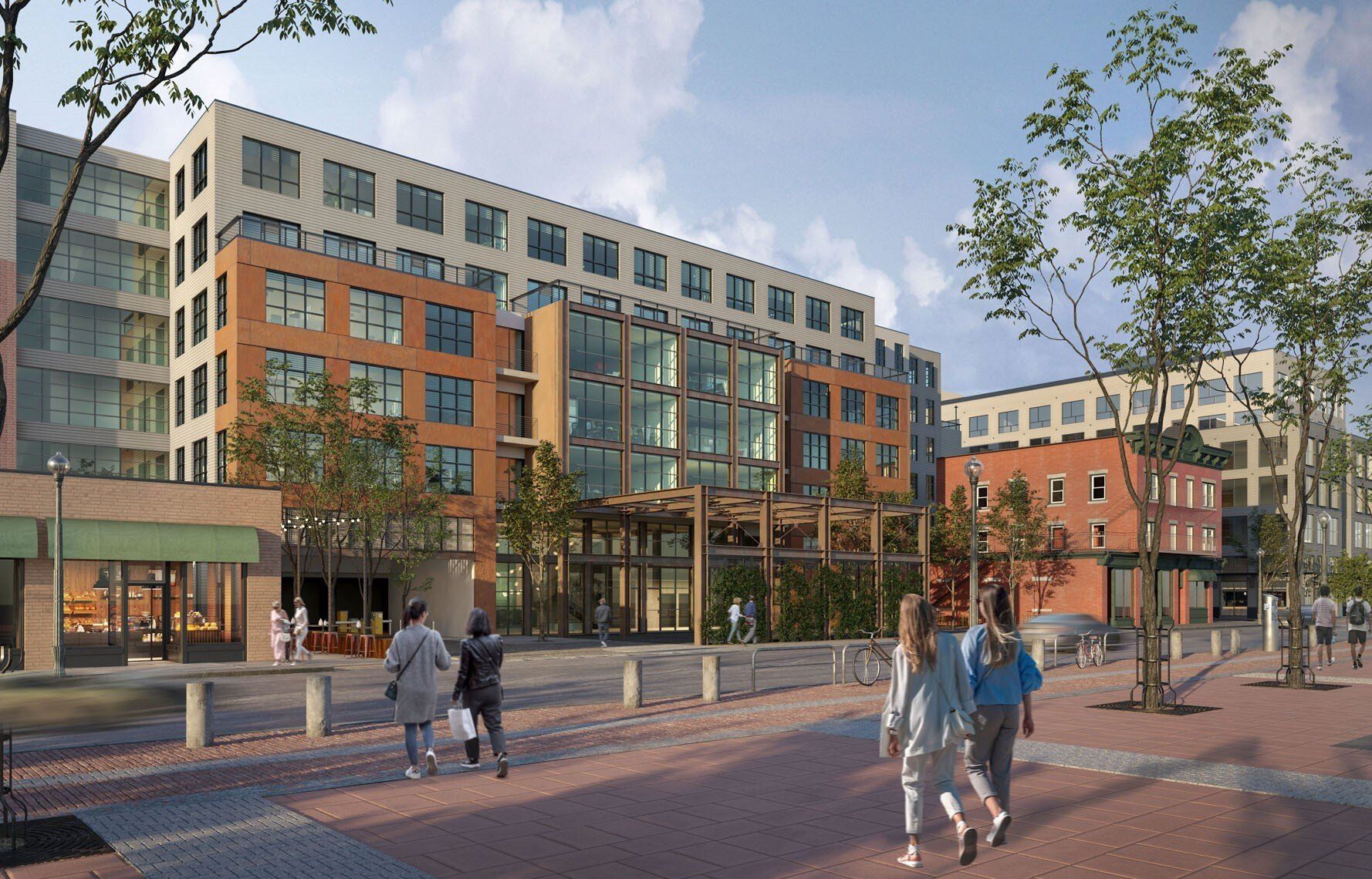 An architectural rendering of a multi-story brick and glass building with a plaza, trees, and people walking outside.