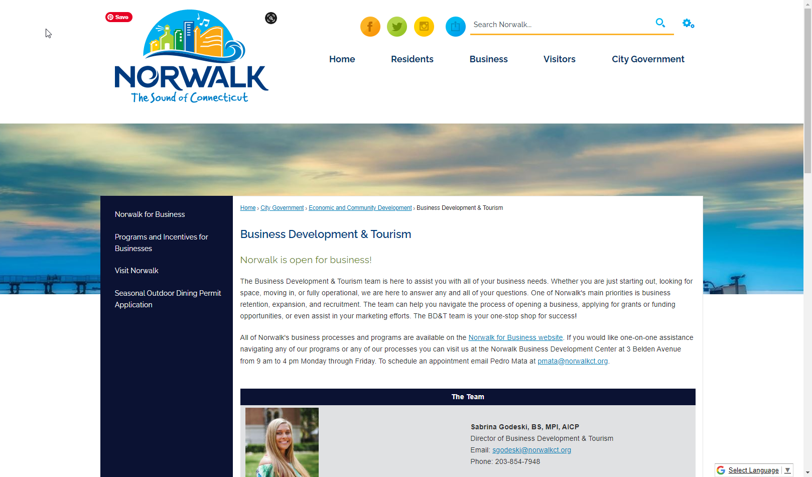 Norwalk city website displaying the Business Development & Tourism staff page featuring department head contact information.