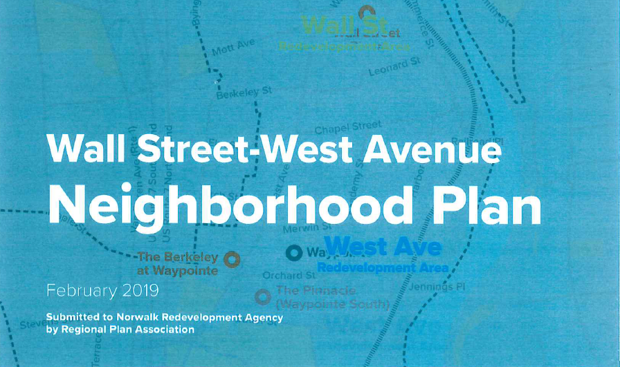 Title page for the February 2019 Wall Street-West Avenue Neighborhood Plan, featuring a blue map overlay.