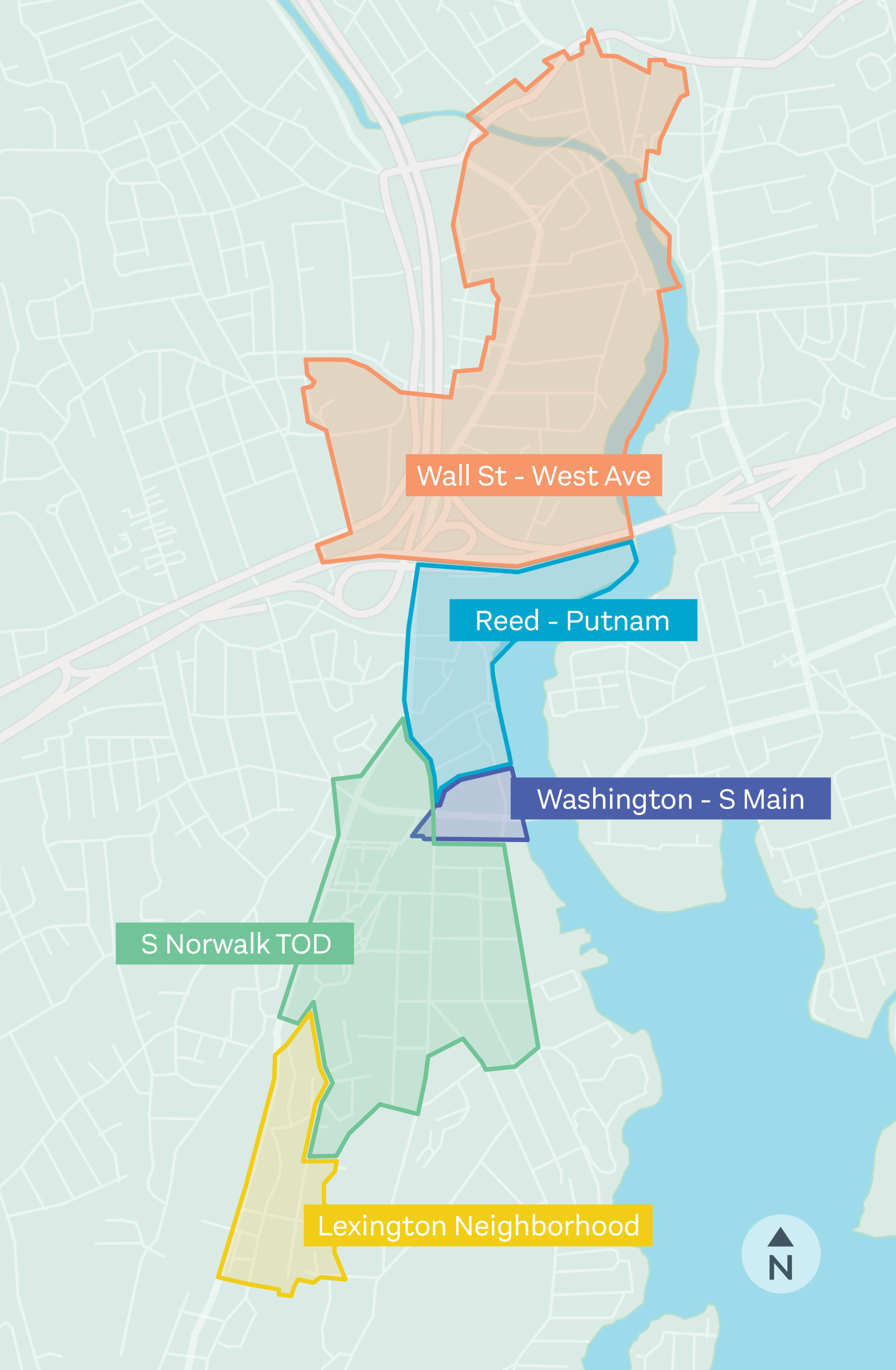 A map showing five color-coded neighborhood zones in Norwalk, Connecticut, labeled with their respective names.