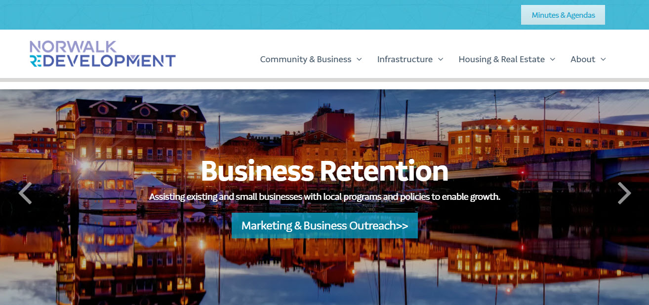 Norwalk Development website banner featuring a sunset over a waterfront with the title Business Retention.