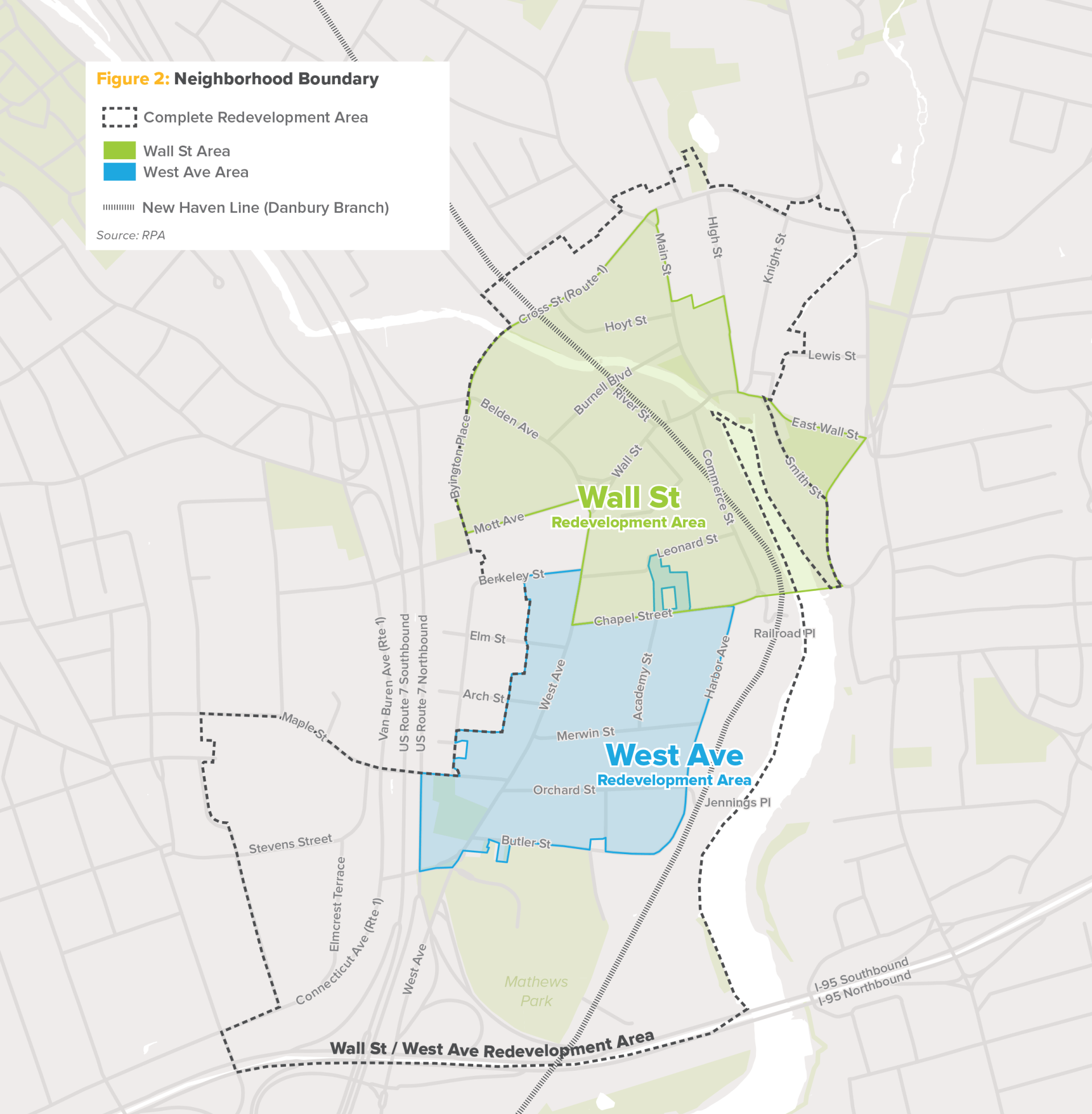 A map showing the Wall St and West Ave redevelopment areas within a larger boundary, indicated by light green and blue.