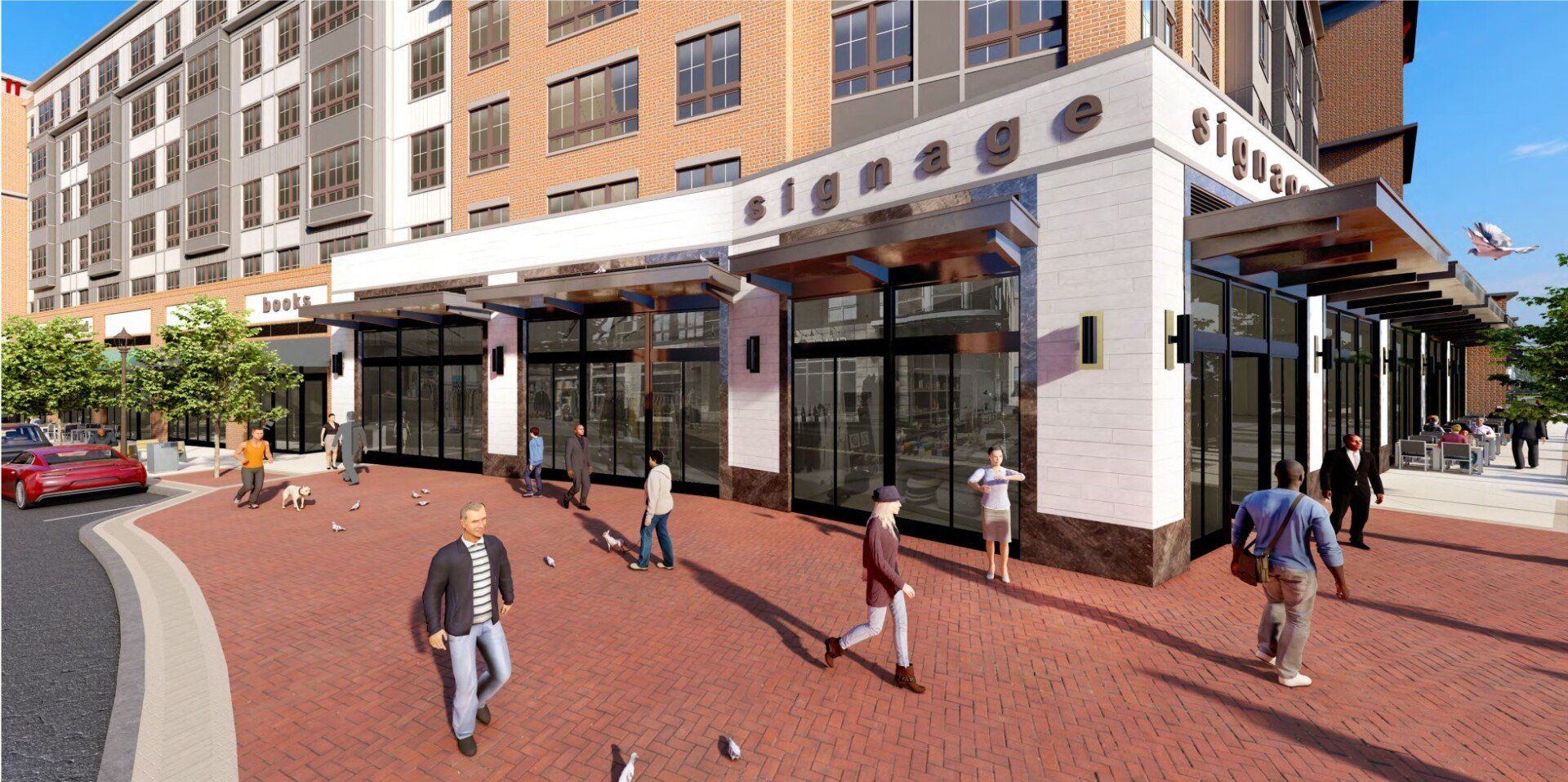 A rendering of a multi-story building with ground-level retail storefronts and people walking on a brick plaza.