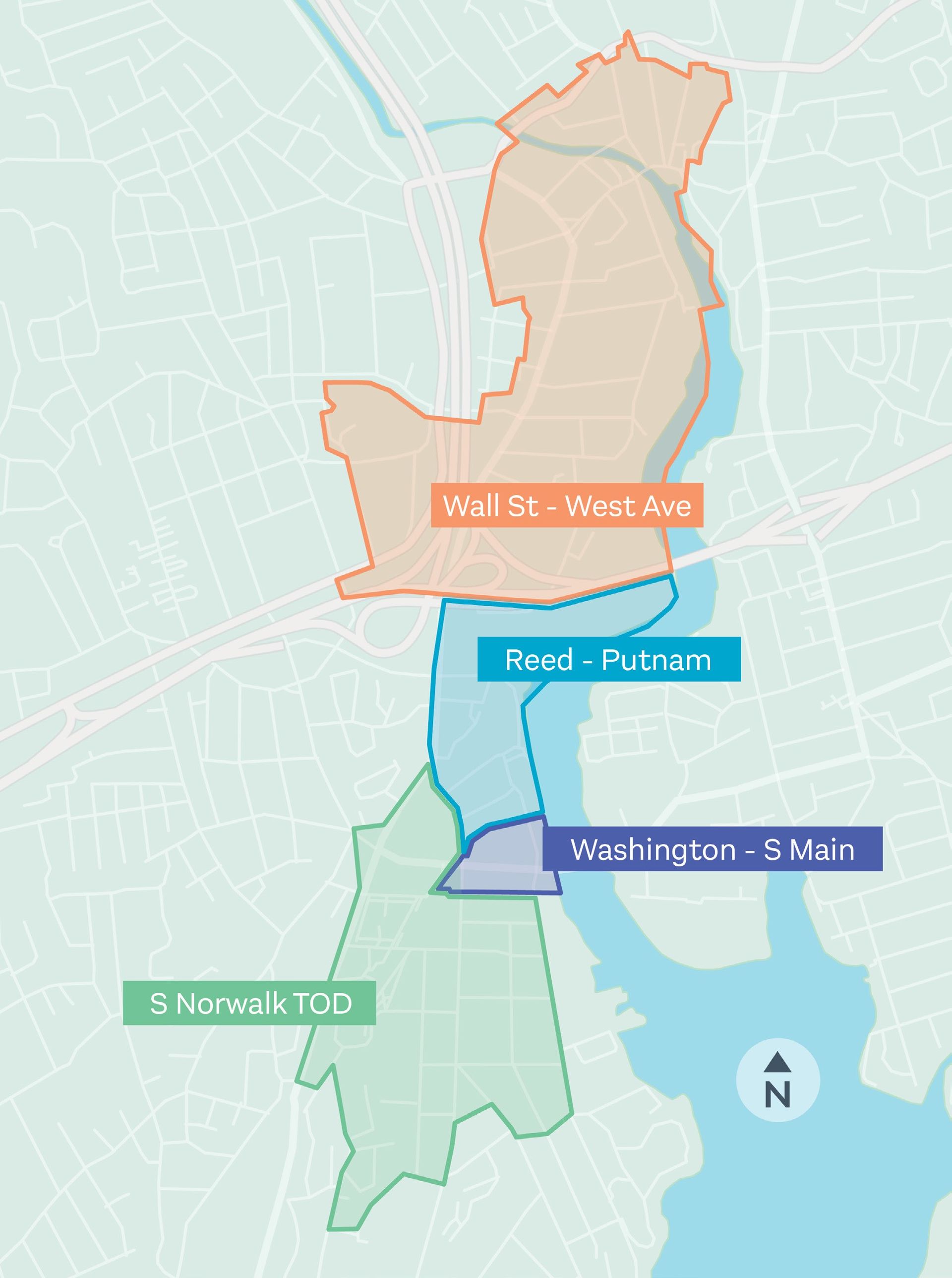 Map of Redevelopment Agency planning areas; Wall St-West Ave, Reed-Putnam, Washington-S. Main, and S Norwalk TOD
