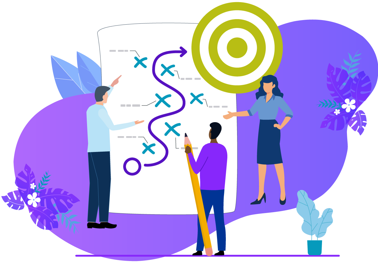 Three people collaborate on a strategy plan, pointing at a path leading toward a target on a large white board.