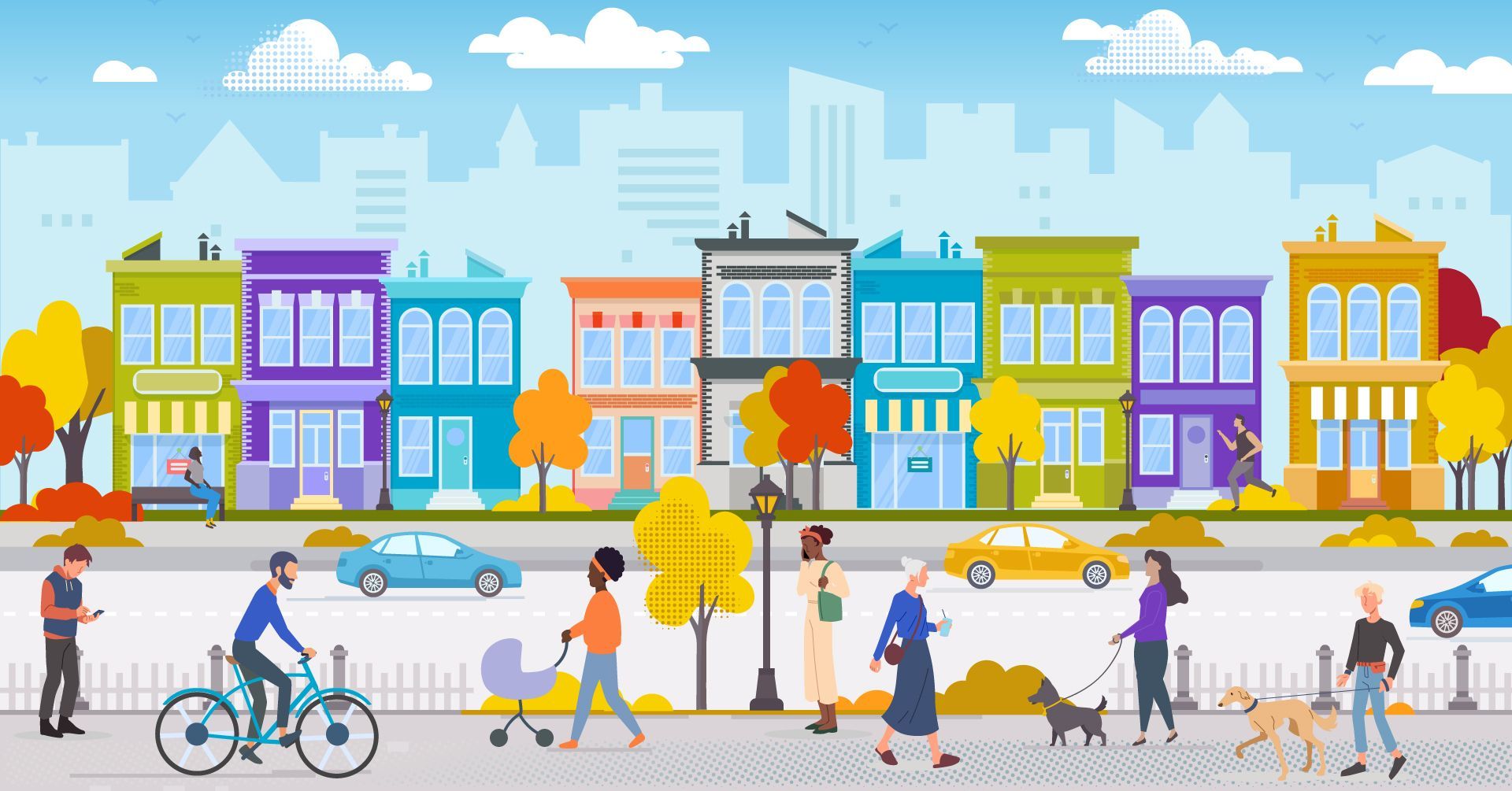 A colorful city street scene with buildings in the background and diverse people walking, biking, and strolling with pets.