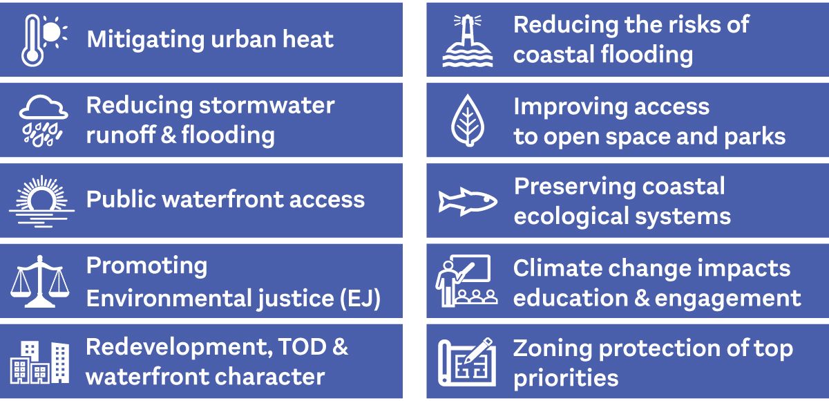 Ten icons with text listing climate and urban planning priorities, arranged in two columns on a dark blue background.