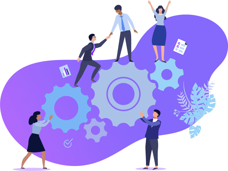 Business people collaborating to turn large interlocking gears on a purple background, symbolizing teamwork and efficiency.