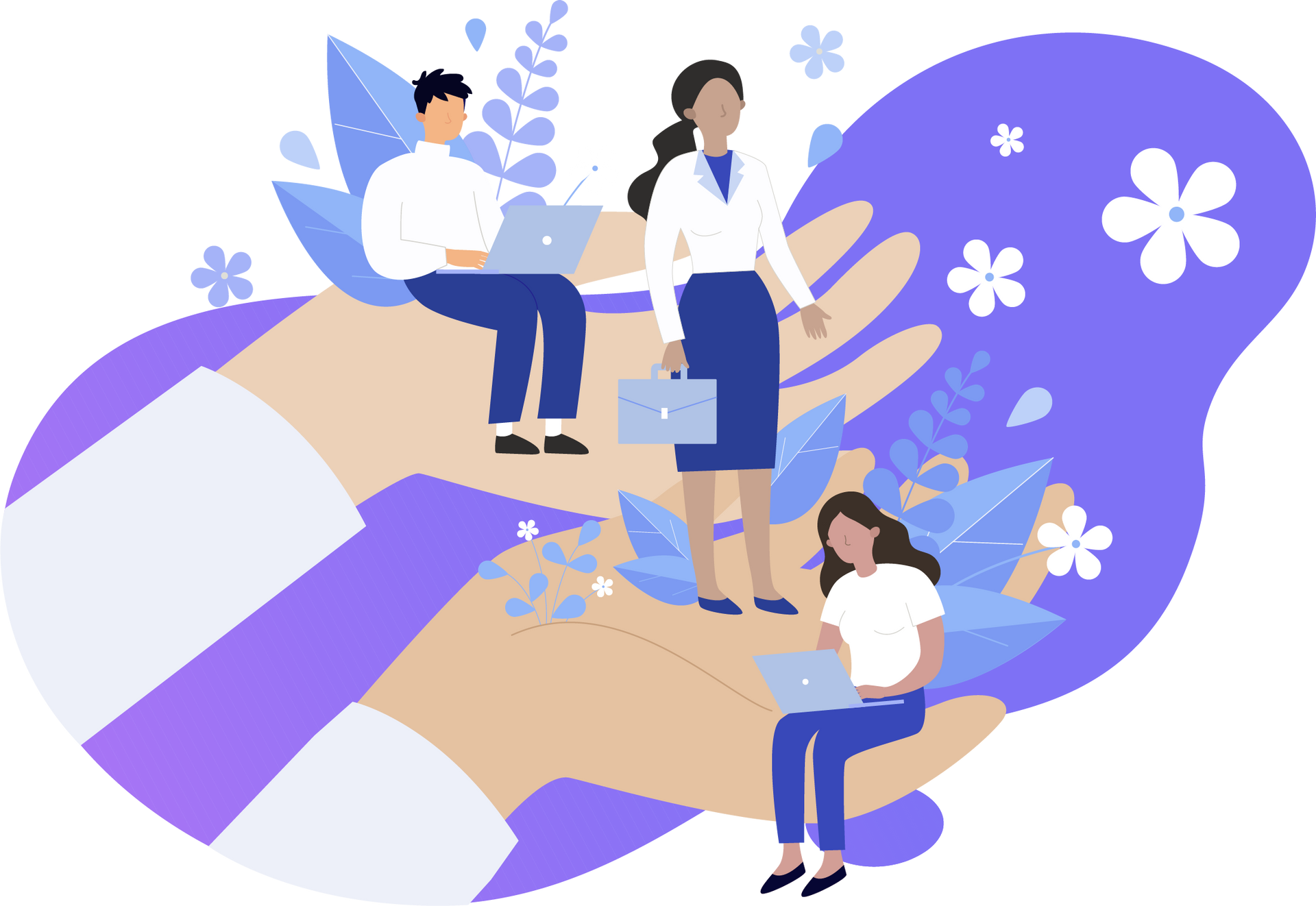 Three people working on laptops while standing or sitting on a giant, stylized human hand against a blue floral background.