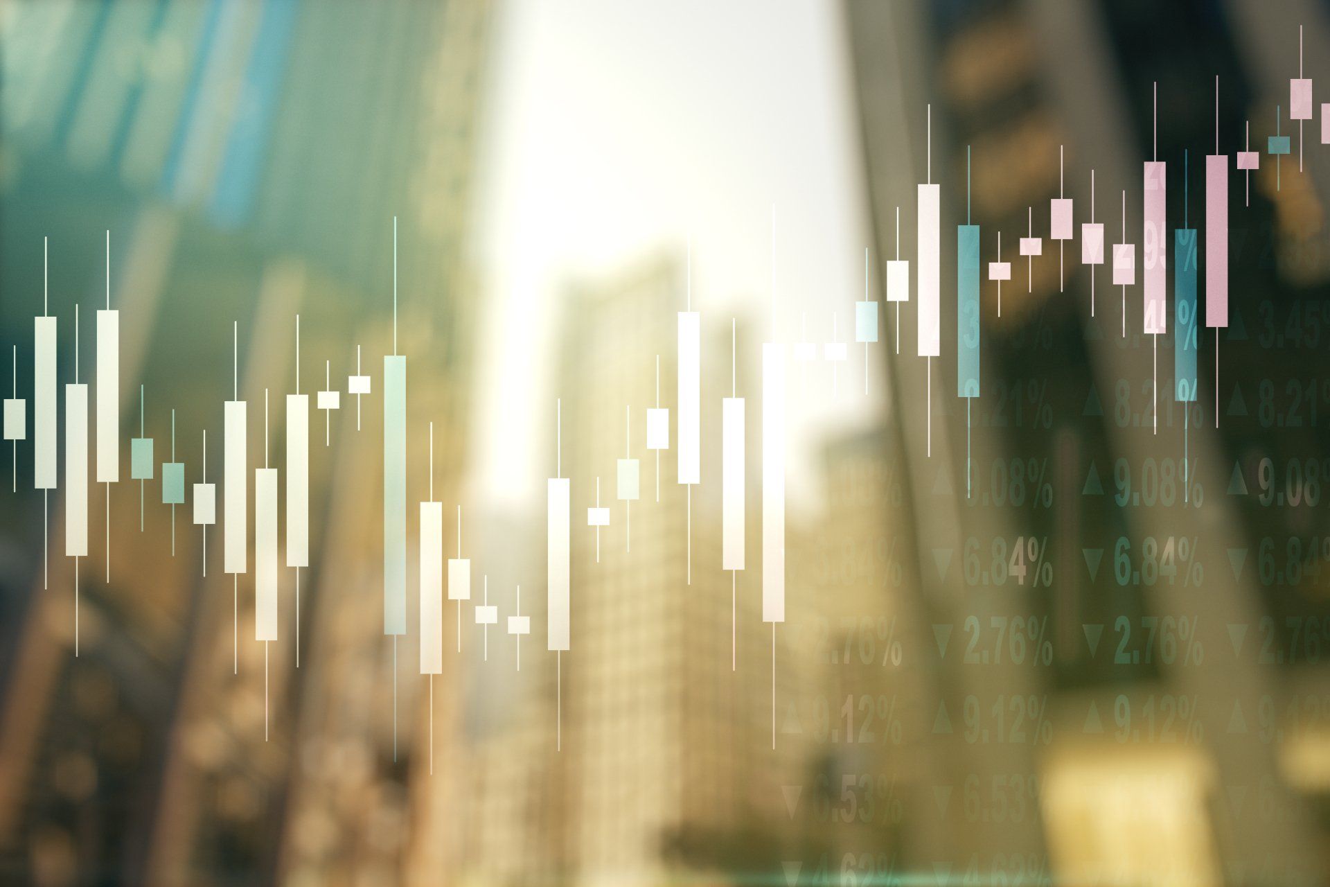 Candlestick financial stock market chart overlaid on a blurred city skyline background.