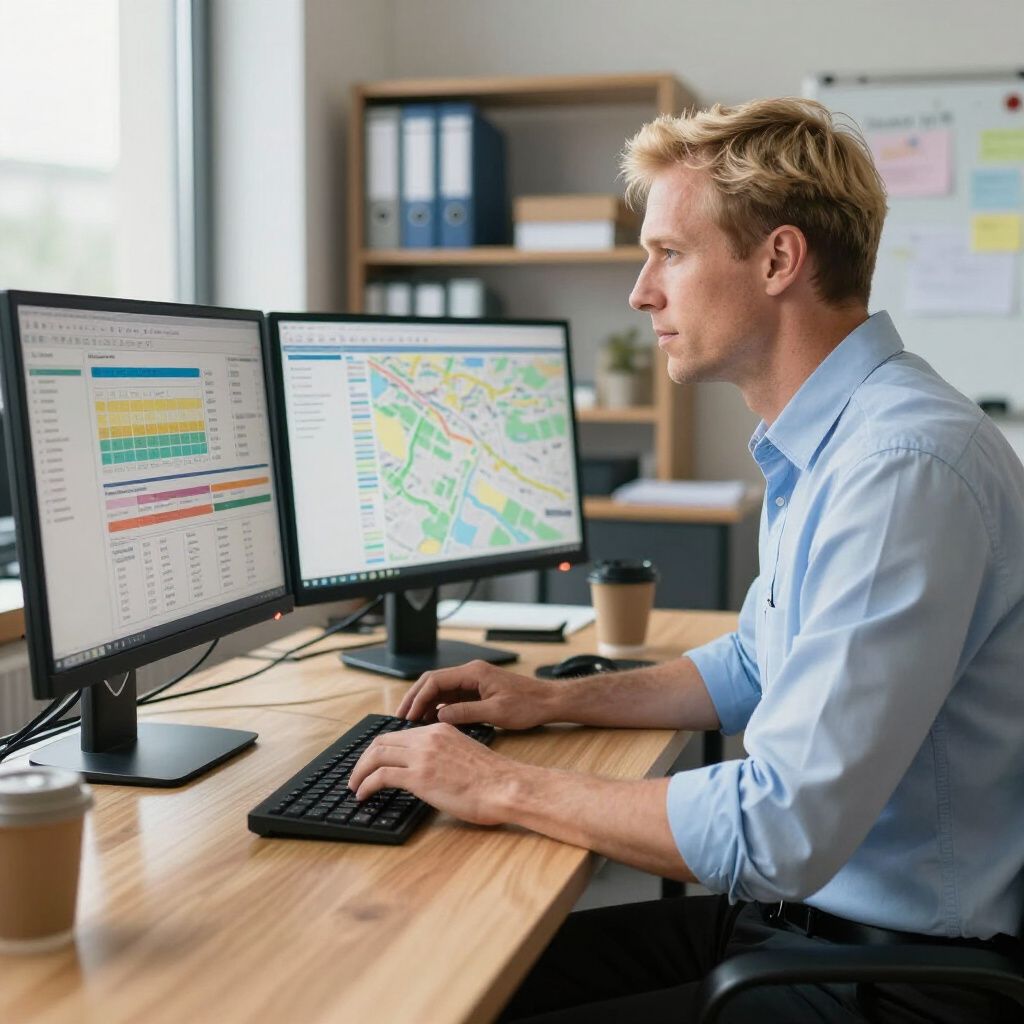 Een man werkt geconcentreerd aan een bureau met twee computermonitoren.