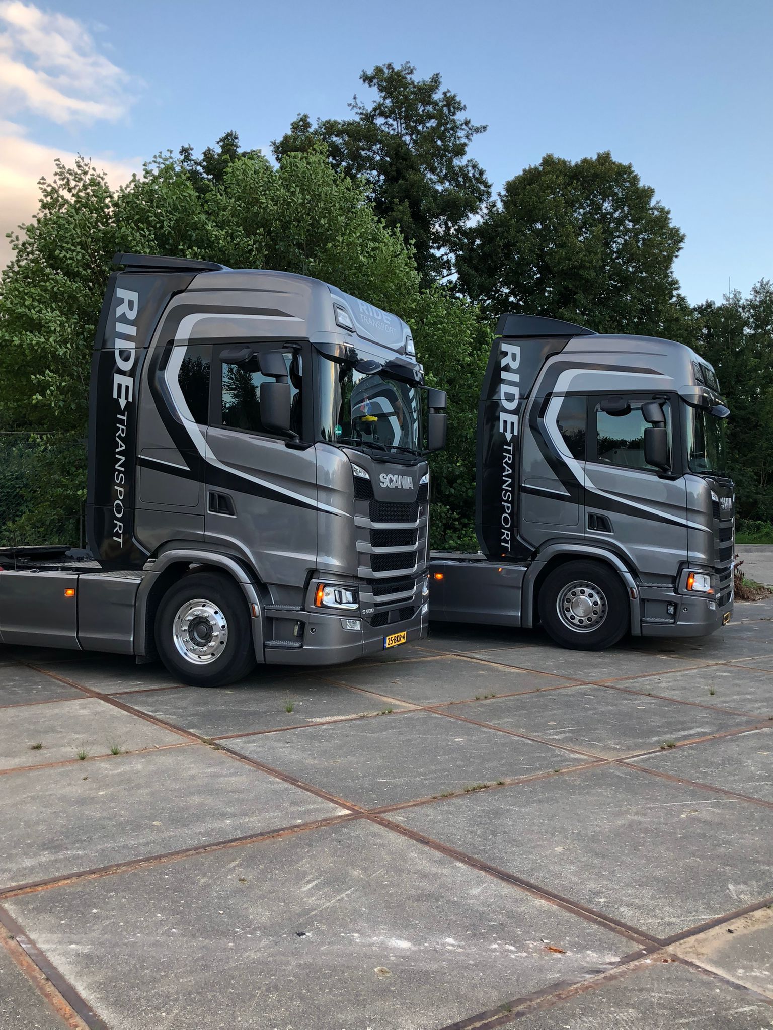 Twee grijze Scania-vrachtwagens staan ​​geparkeerd op een betonnen ondergrond. Bomen op de achtergrond, blauwe lucht erboven.