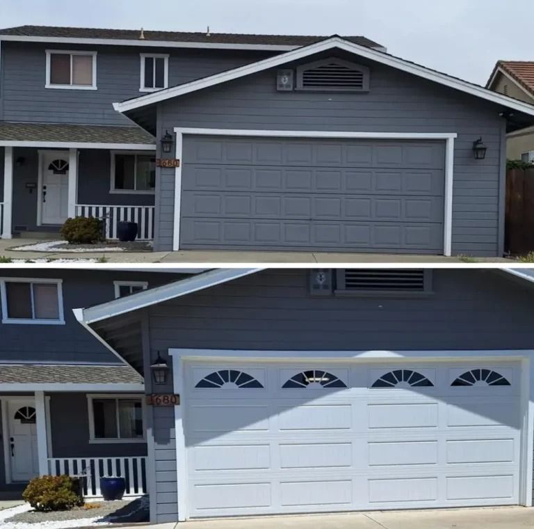 A before and after picture of a house with a white garage door.