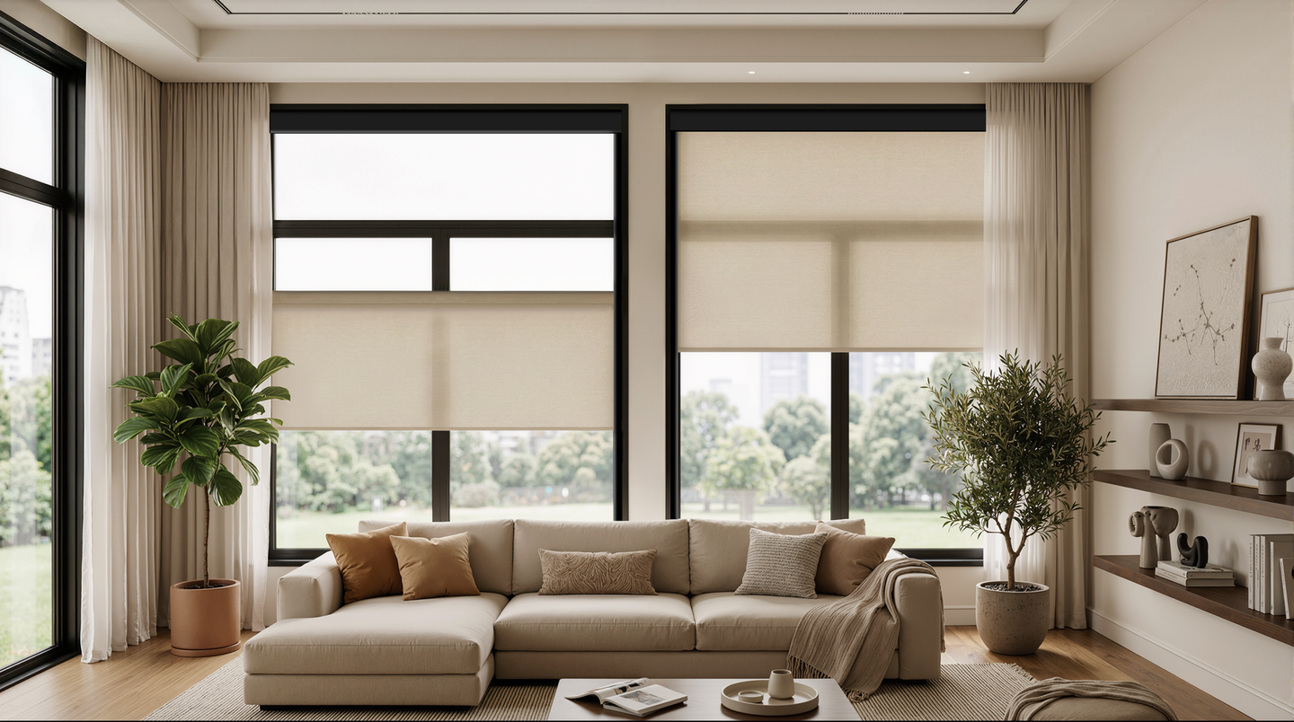 A modern living room with a beige sectional sofa, two potted plants, large windows with roller shades, and wall shelves.