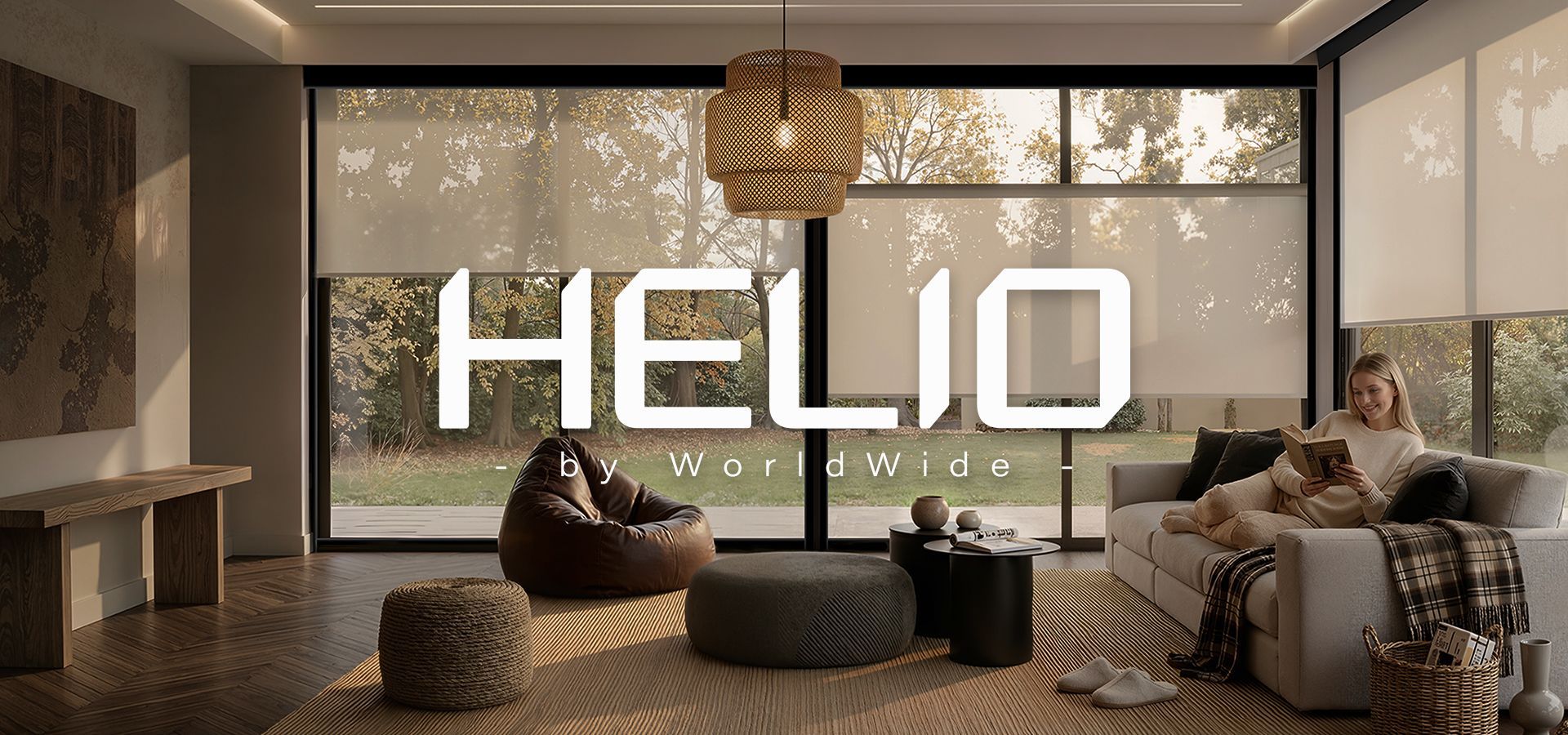 A modern living room with large windows, neutral furniture, and the text 