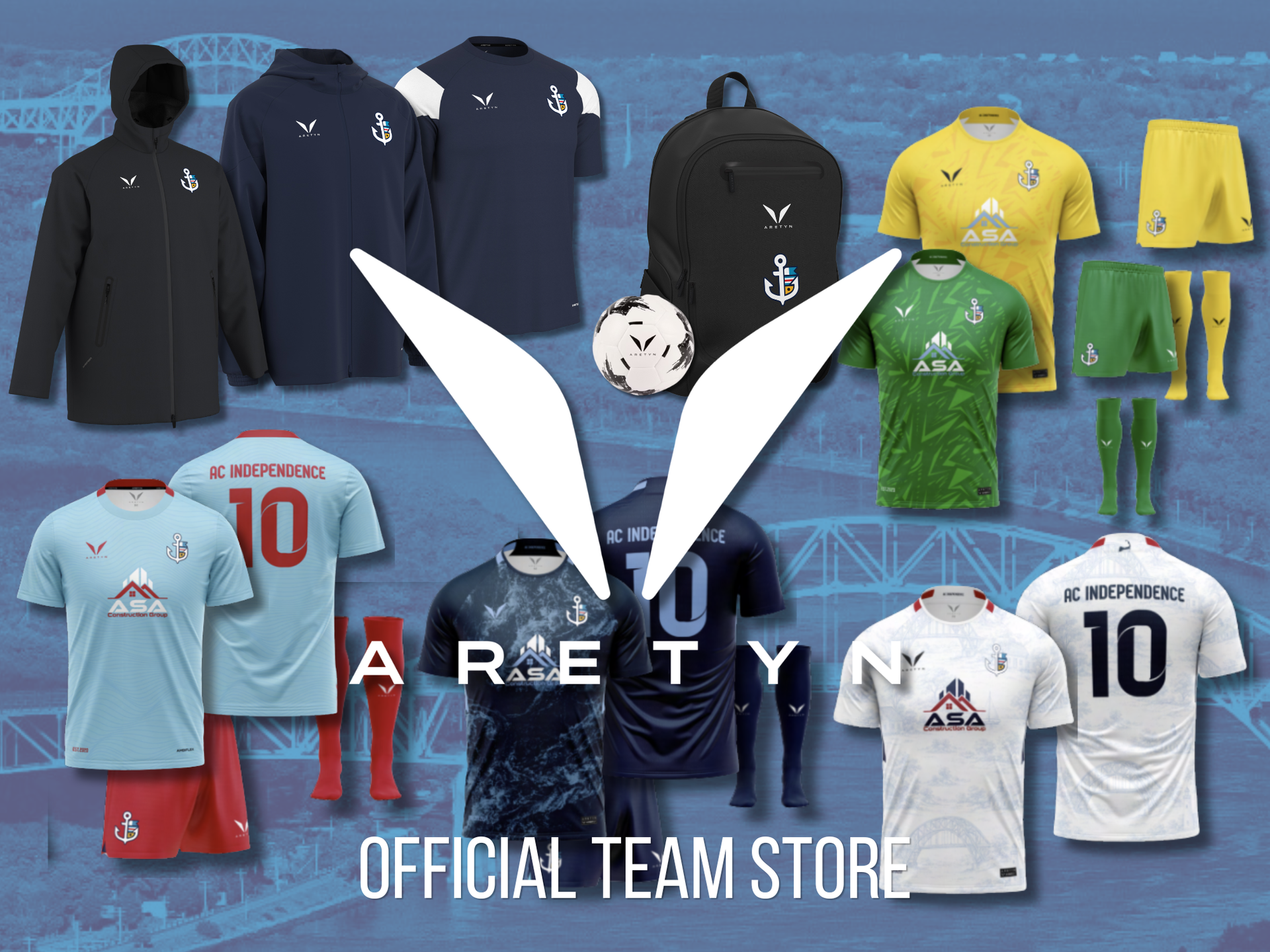 Image of ACI backpack, equipment and swag on soccer field, available for purchase through Aretyn Sports.