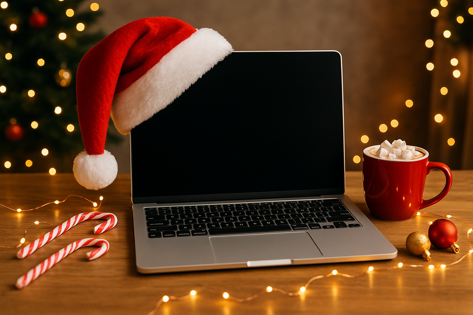 Holiday-themed workstation with a laptop being repaired in a professional shop
