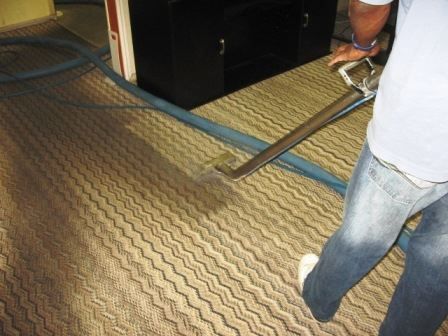Person cleaning a patterned beige carpet with a professional cleaning machine in a room.