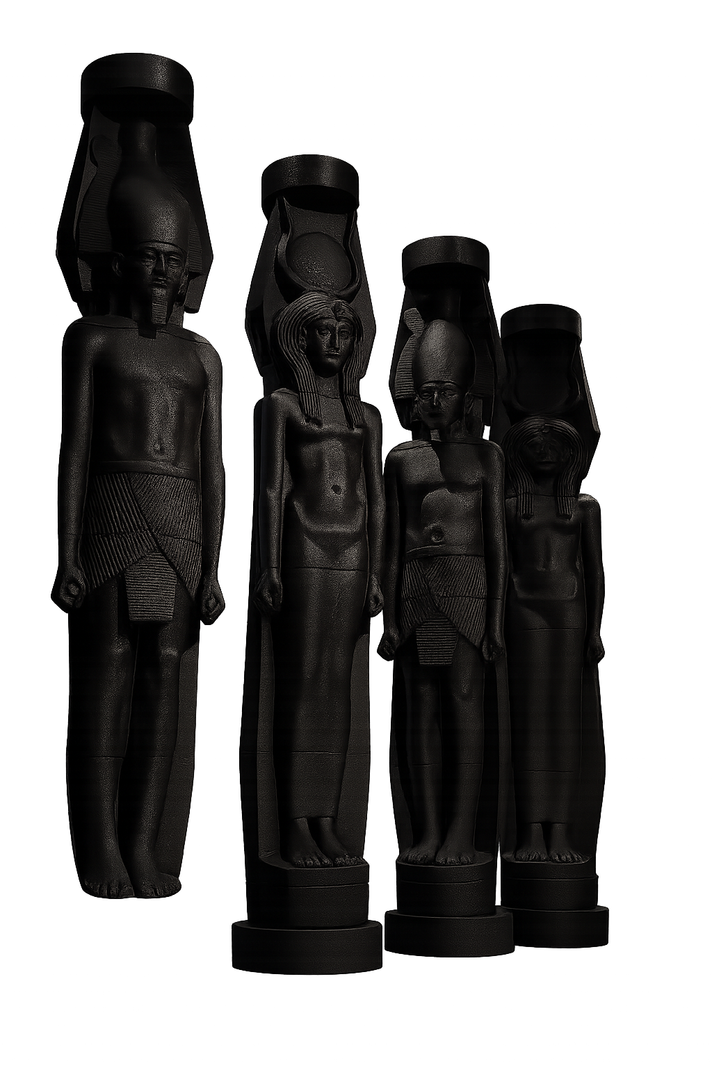 Vier donkere beelden van lichtgewicht sculpturen uit het oude Egypte, rechtopstaand.