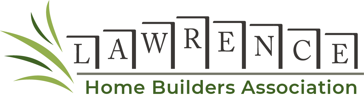 the lawrence home builders association logo is shown on a white background .