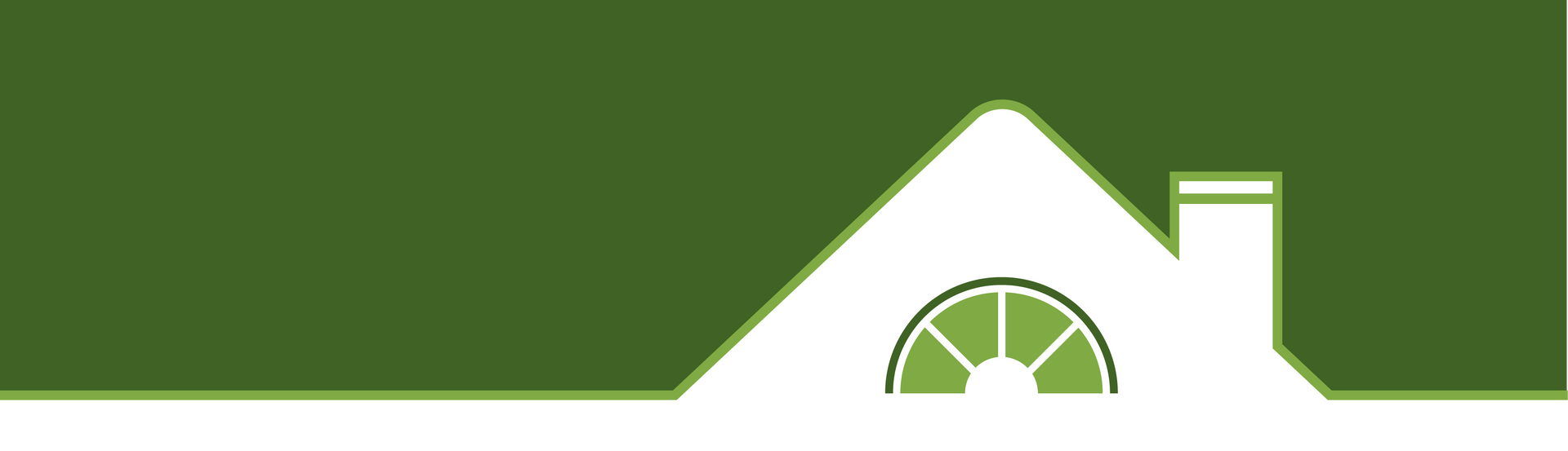 A white house with a green roof and a chimney on a green background.