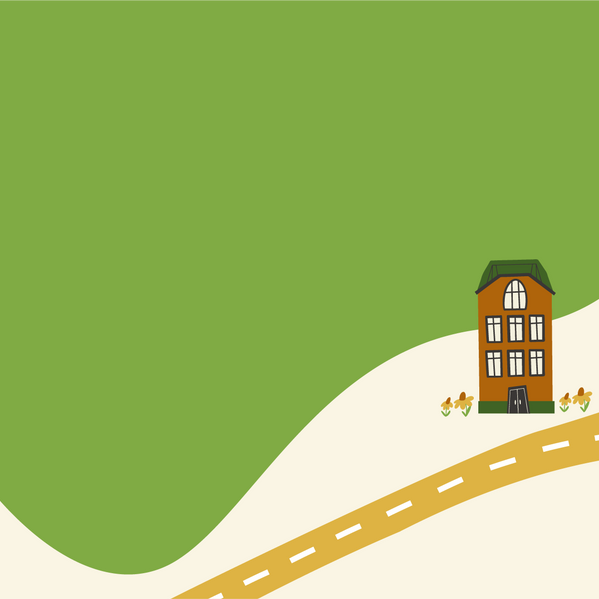 A small brown house beside a curving yellow road on a green hillside