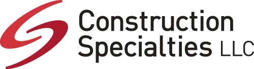 a construction specialties llc logo with a red s on a white background .