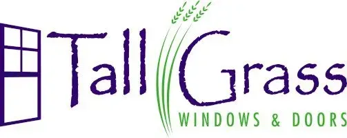 a logo for tall grass windows and doors with a window and grass .