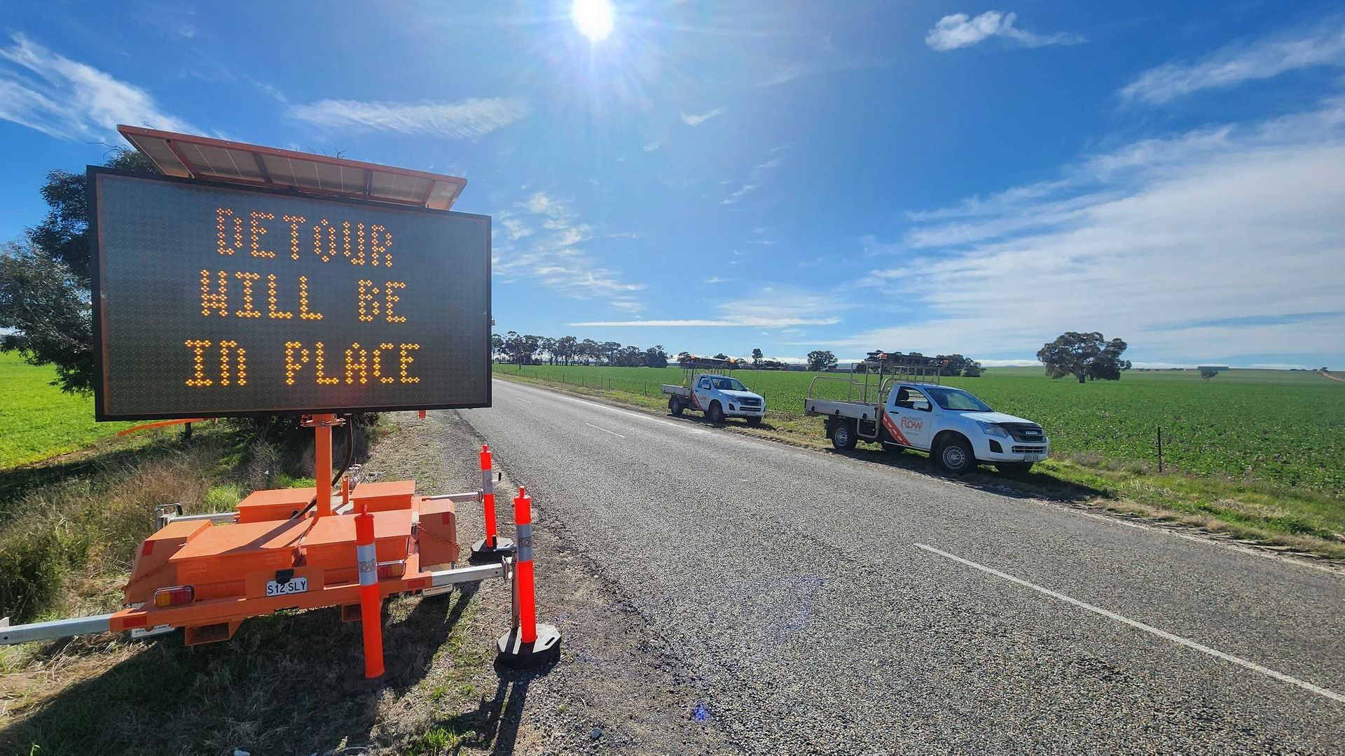 Arrow board, VMS board and traffic signs at South Australian roadworks