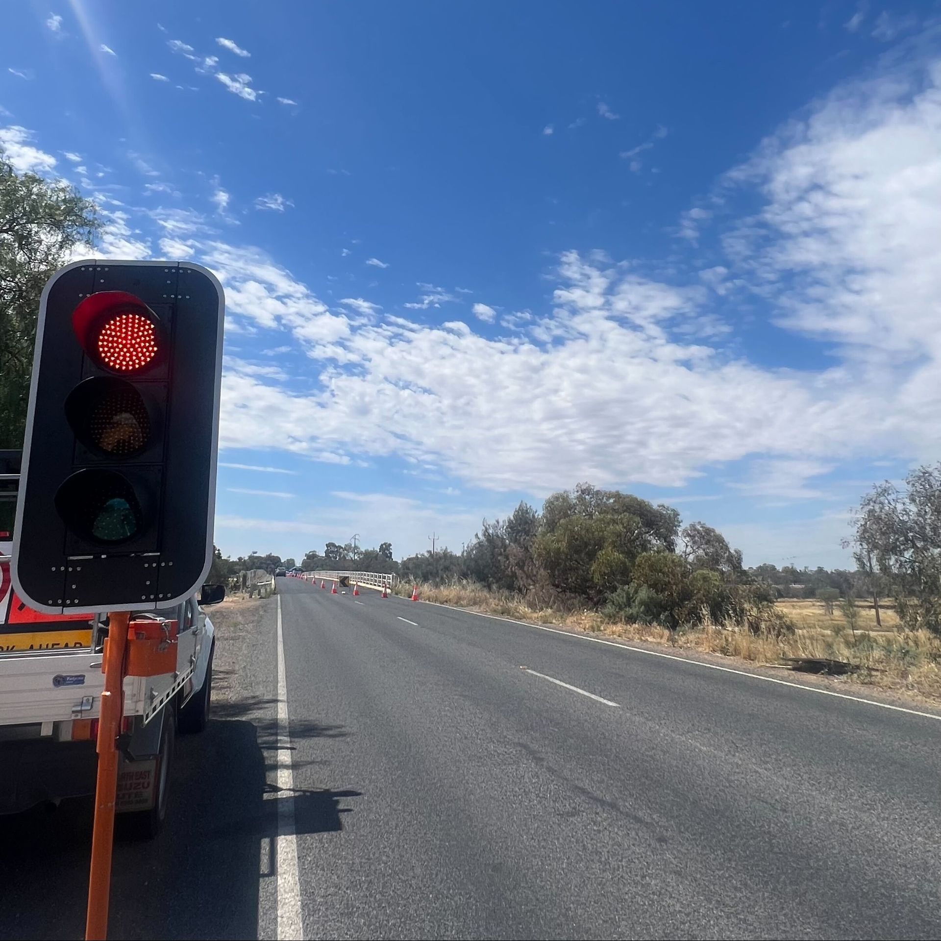 Portable traffic lights controlling a South Australian roadworks site