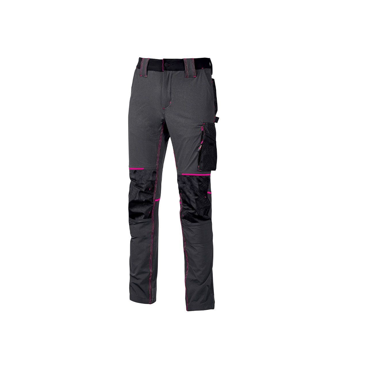 Un paio di pantaloni da lavoro grigi e rosa su sfondo bianco.