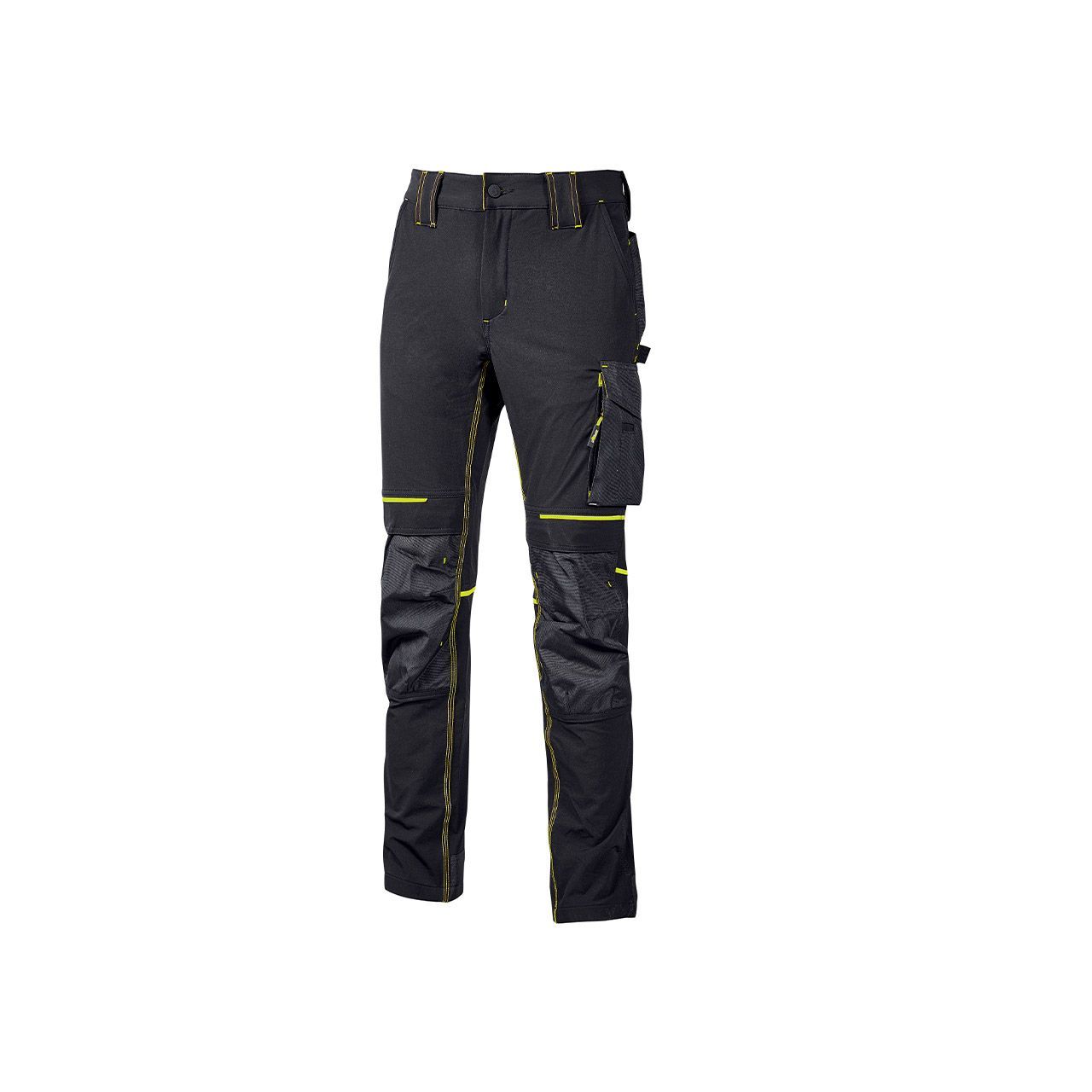 Un paio di pantaloni cargo neri e gialli su sfondo bianco.