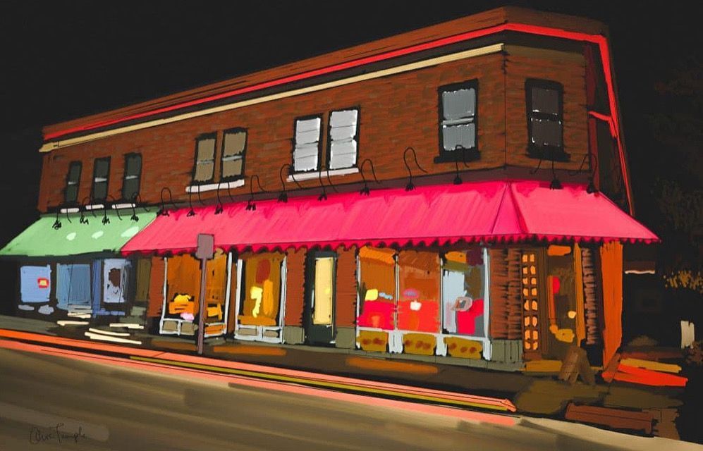 A painting of The Weary Traveler Freehouse building at night with its red awning glowing