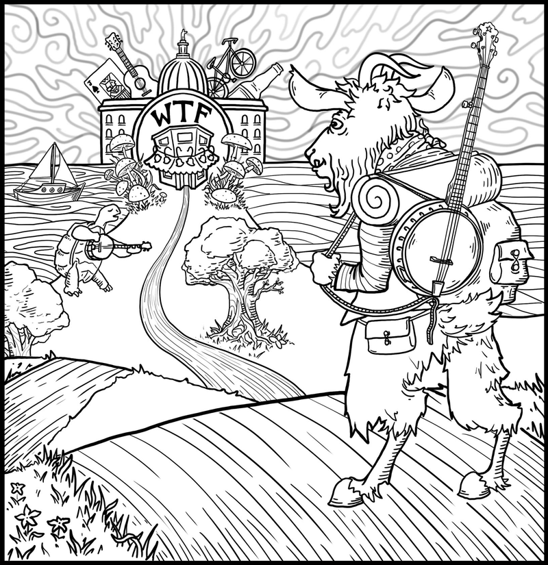 Black and white illustration of the traveling goat with his banjo