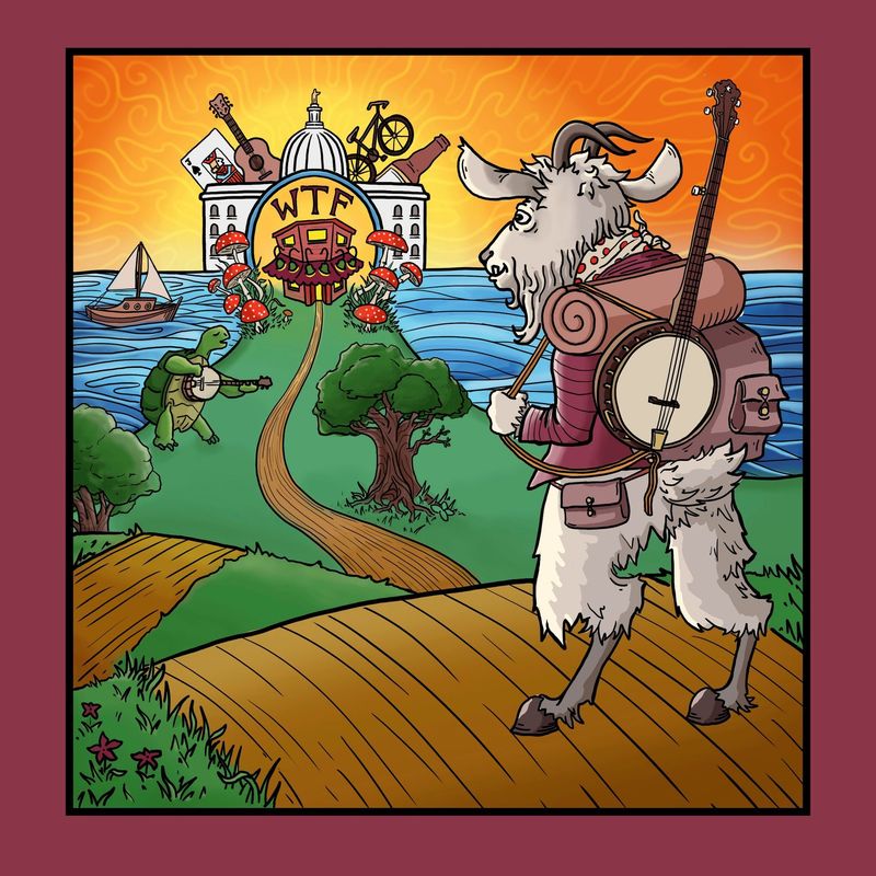 A goat with a banjo on his back looks toward the Weary Traveler on a hill