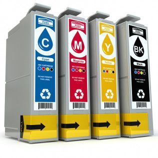 Four different colored ink cartridges are stacked on top of each other.