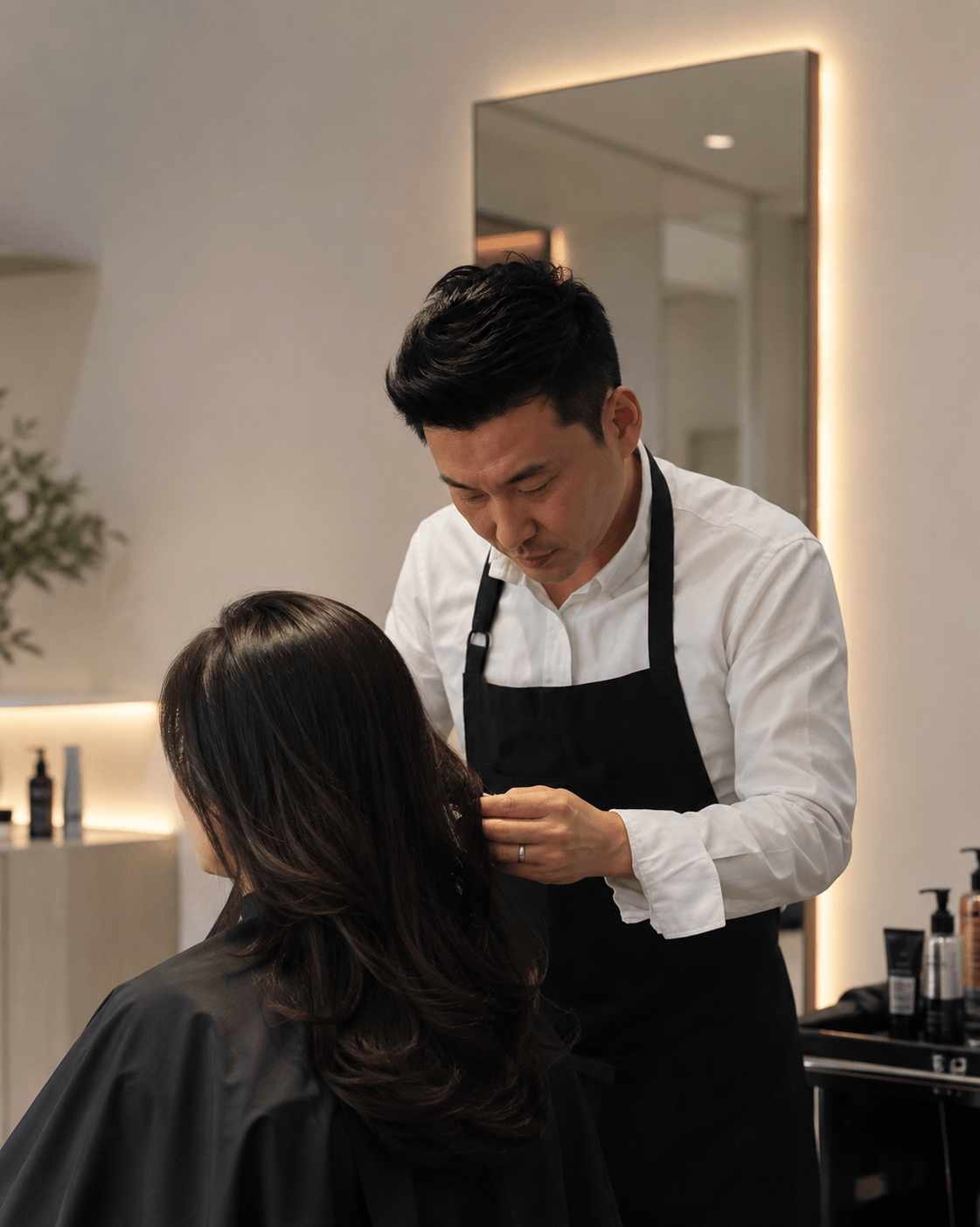 Stylist cutting a client’s hair in a modern salon with a lit mirror backdrop