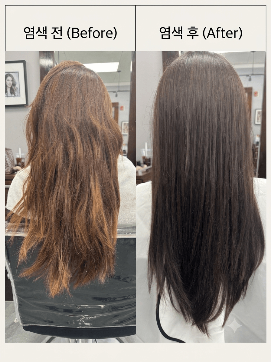 Hair treatment before-and-after comparison showing frizzy brown hair transformed into sleek, straight dark hair.