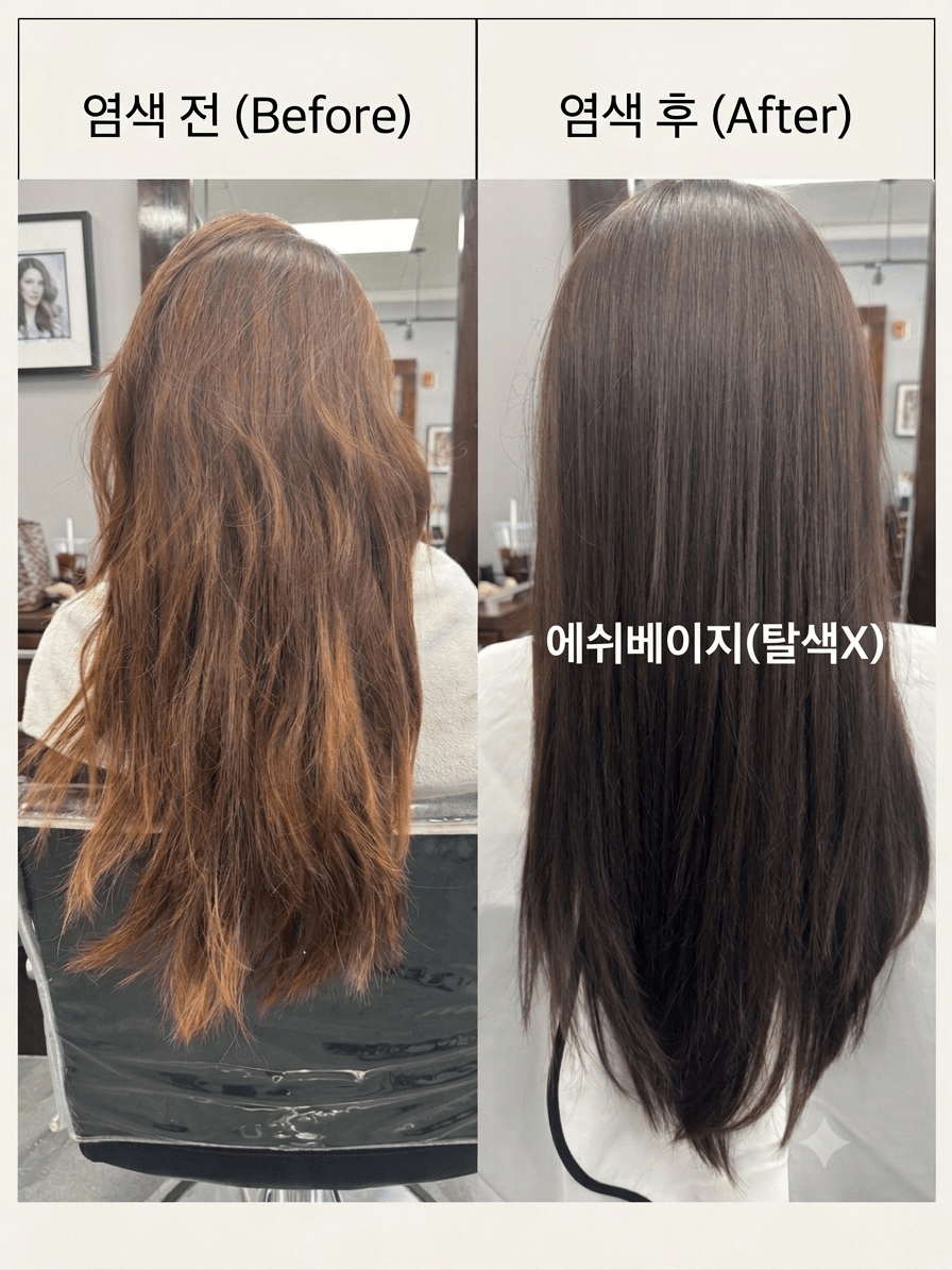 Hair treatment before-and-after comparison showing frizzy brown hair transformed into sleek, straight dark hair.